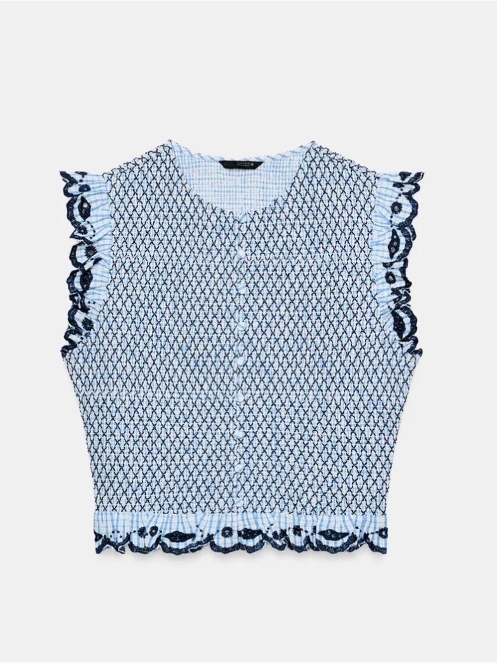 NWT zara plaid embroidered smocked Top in Light Blue and Navy